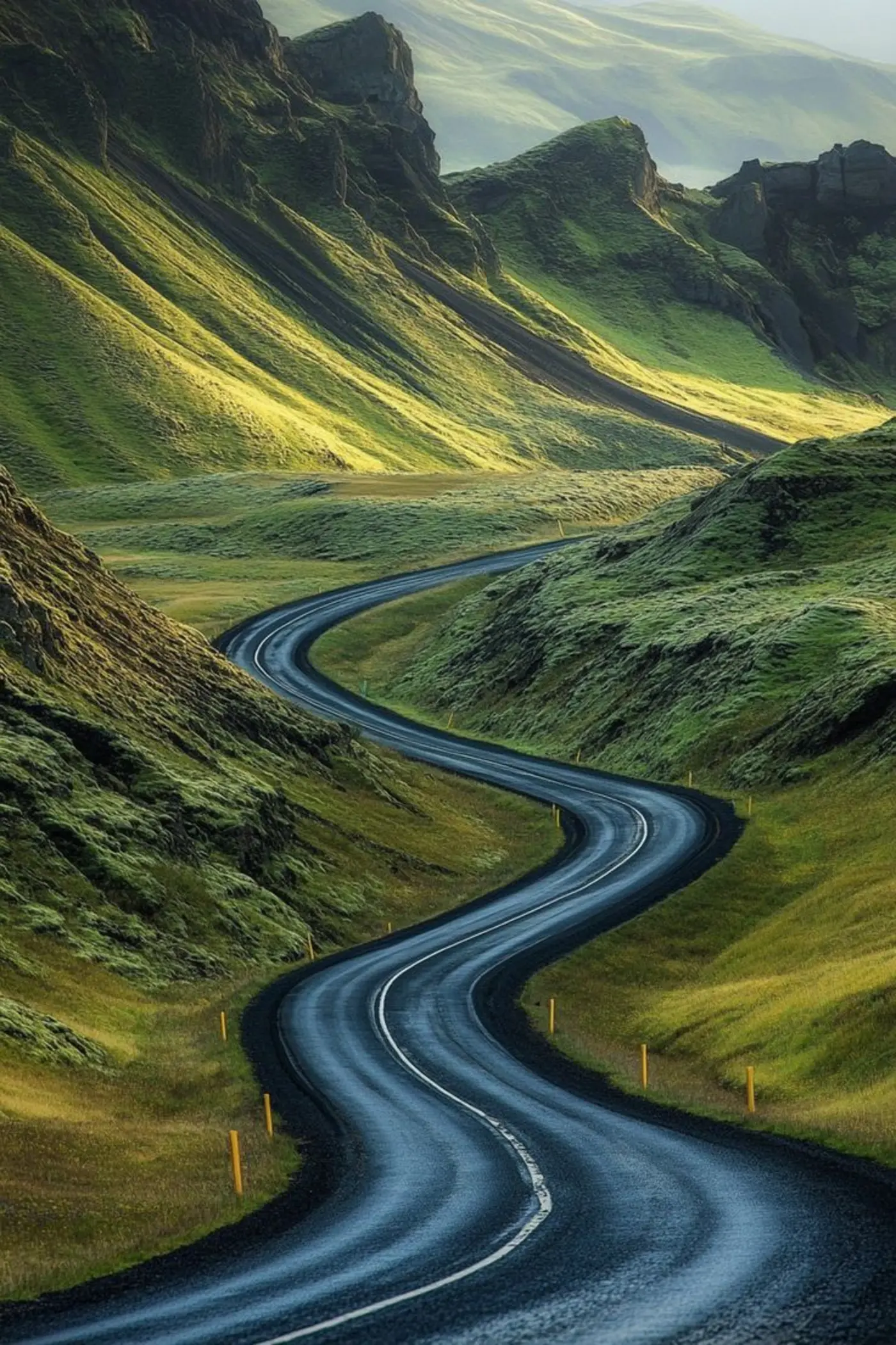 Winding road through Iceland's lush green lava valleys
