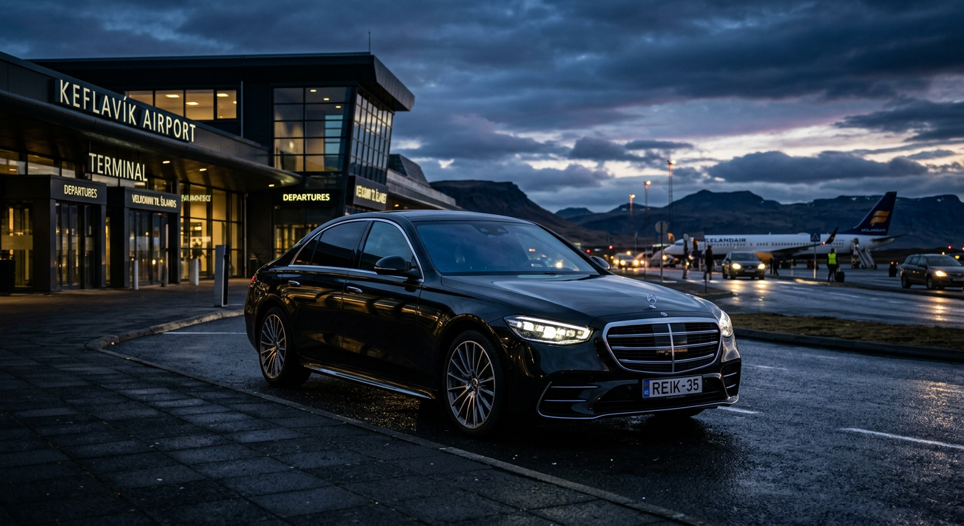 Premium Executive Transfer — Mercedes-Benz C350e sedan at Icelandic airport